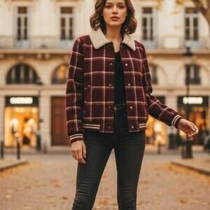 EV1 Women's Maroon Plaid Sherpa Collar Jacket Medium